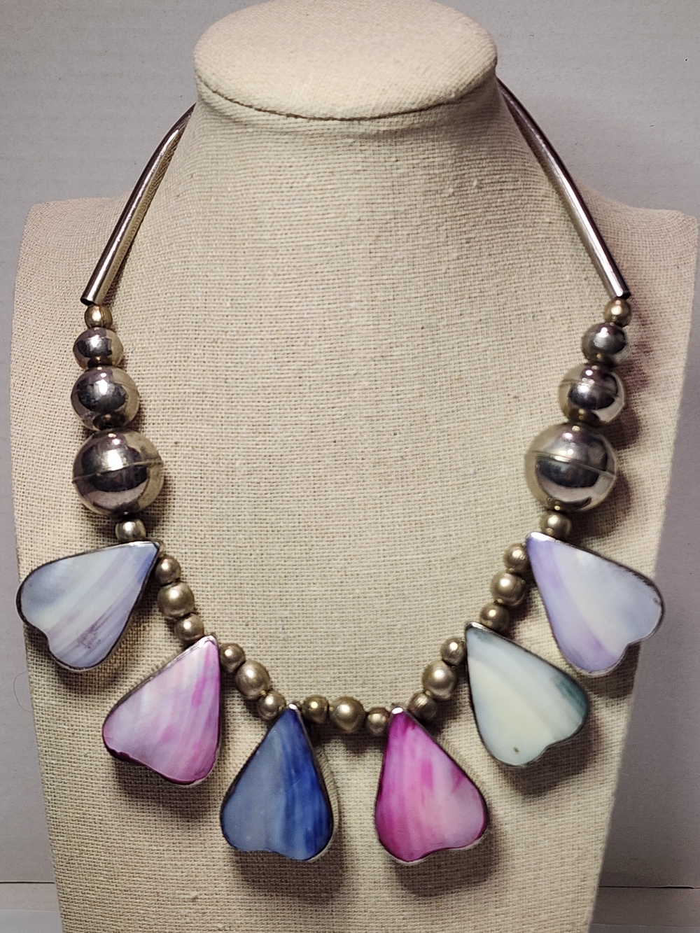 Necklace Mother Of Pearl Colar Jewelry Multicolor Hearts Silvertone